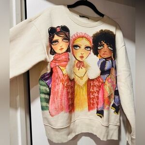Zara Women's Graphic Super Cute Crew Neck Sweat Shirt/Sweater- Cream 💞